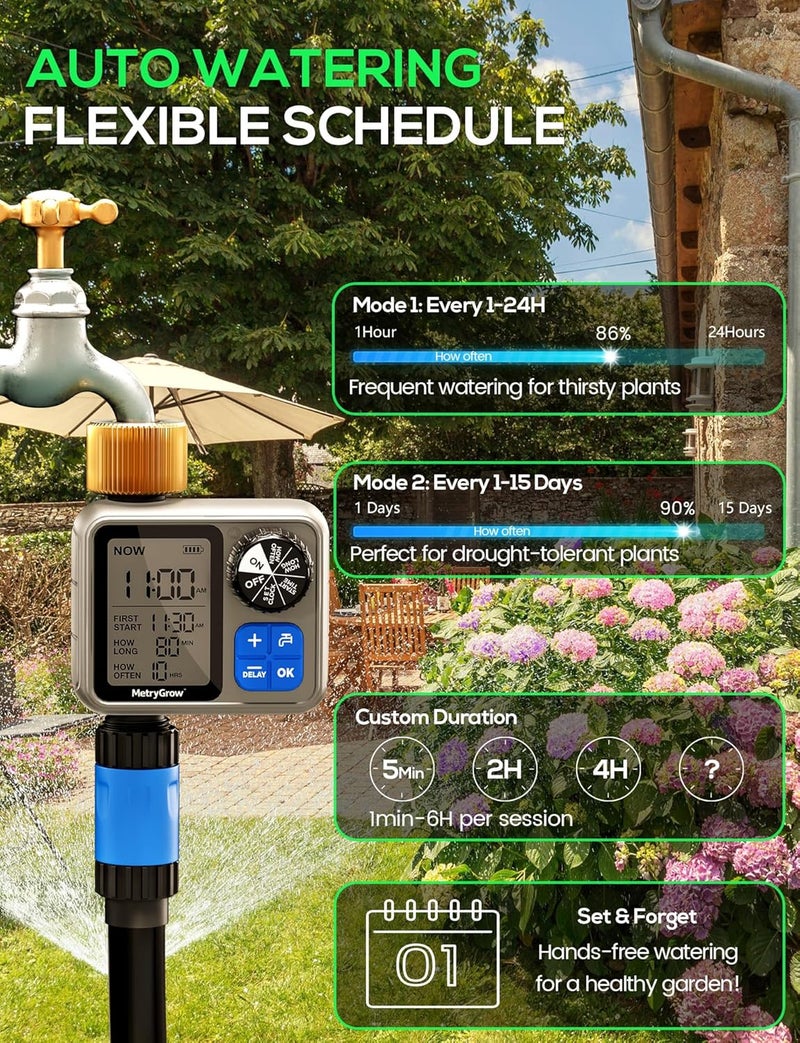 MetryGrow Sprinkler Irrigation Timer with Brass Inlet, Programmable Water Timer for Garden Hose, Automatic Watering System for Yard Lawn, Rain Delay - Image 2